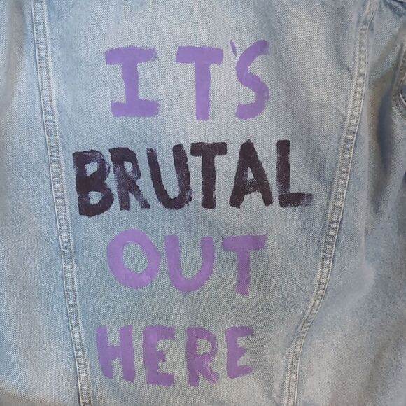 Old Navy Light Blue Boyfriend Distressed Jean Jacket - Painted Writing On Back - Picture 13 of 13